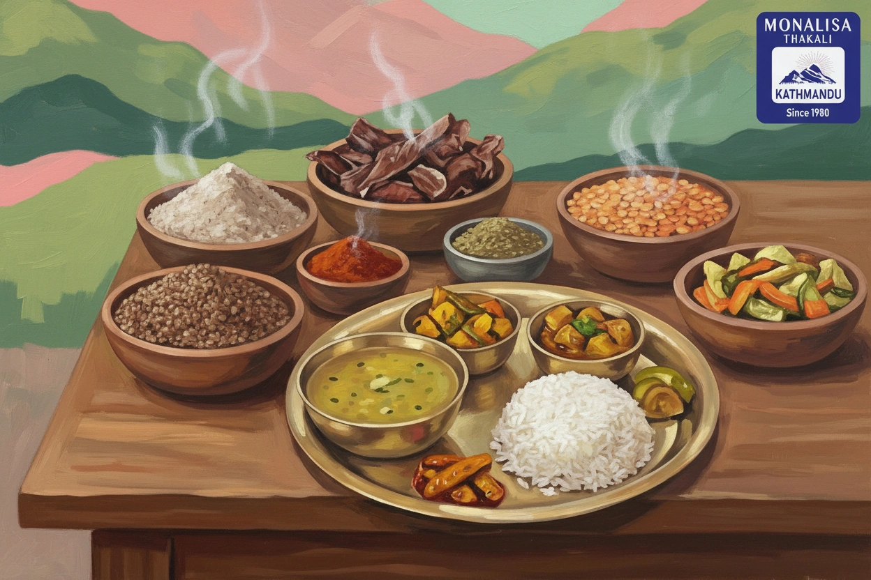 what is Thakali food with traditional Thakali thali including rice, dal, tarkari, achar, greens, and meat curry in Nepal